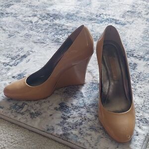 Nine West Patent Tan Wedge Pumps
